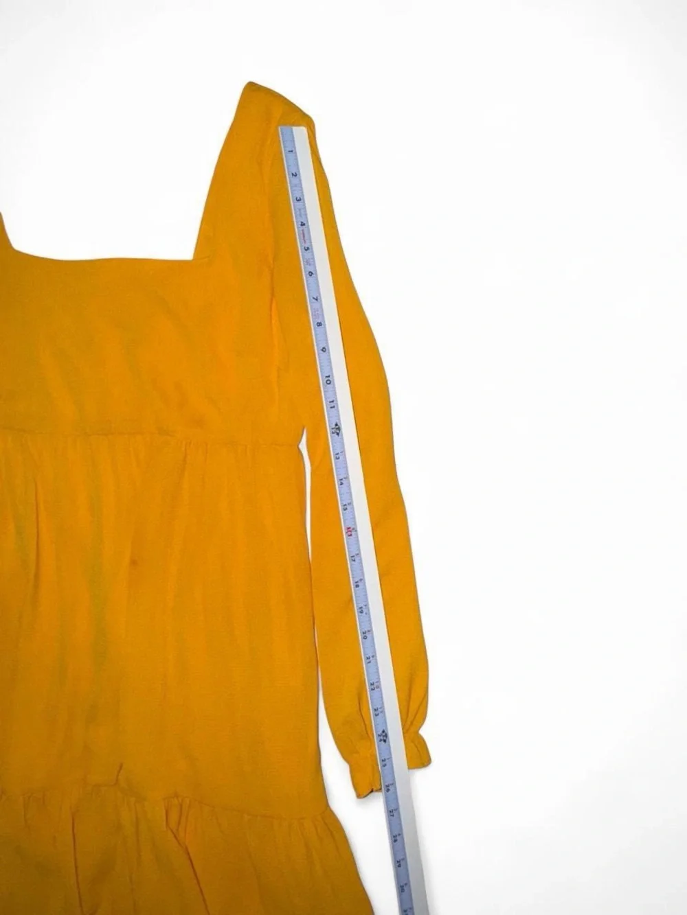 BCBG Square-Neck Tiered Mini Dress in Mustard